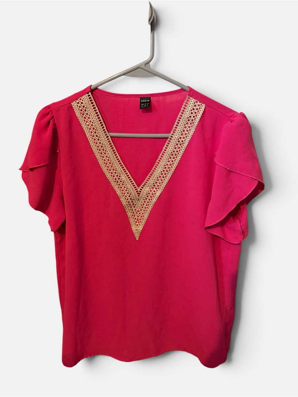 Pink V-Neck Flutter Sleeve Blouse with Cream Lace